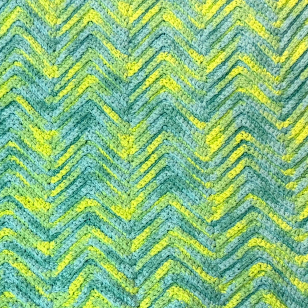 Handcrafted 66 x 29 Inch Chevron Afghan Multicolored Green with Yellow - New